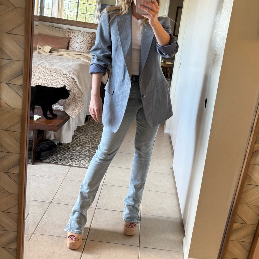 VINTAGE Yves Saint Laurent Light Blue + Tan Plaid Blazer + Removable Fur Collar - Picture 2 of 13